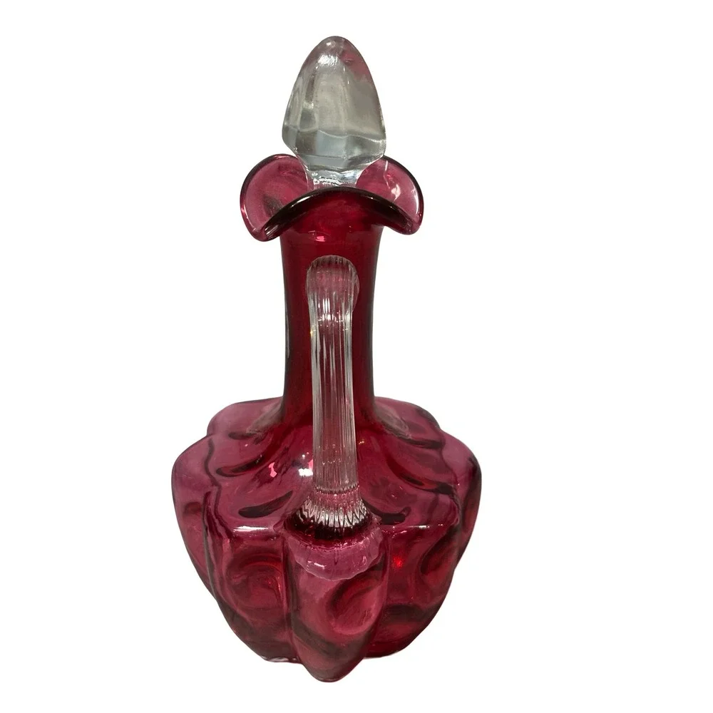 Vintage Cranberry Glass Thumbprint Cruet Decanter with Stopper Red 6in